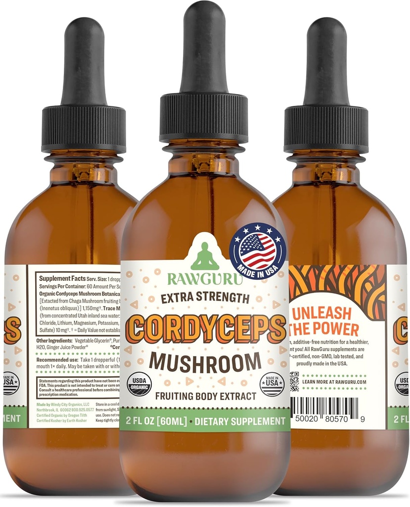 RawGuru Cordyceps Mushroom Supplement - Vegan Cordyceps Extract met sporenmineralen - Nano-Processed Immunity Boost & Cognitive Supplement Tinctuur - 60 porties Vegan Drops per 60 ml, Pack of 1