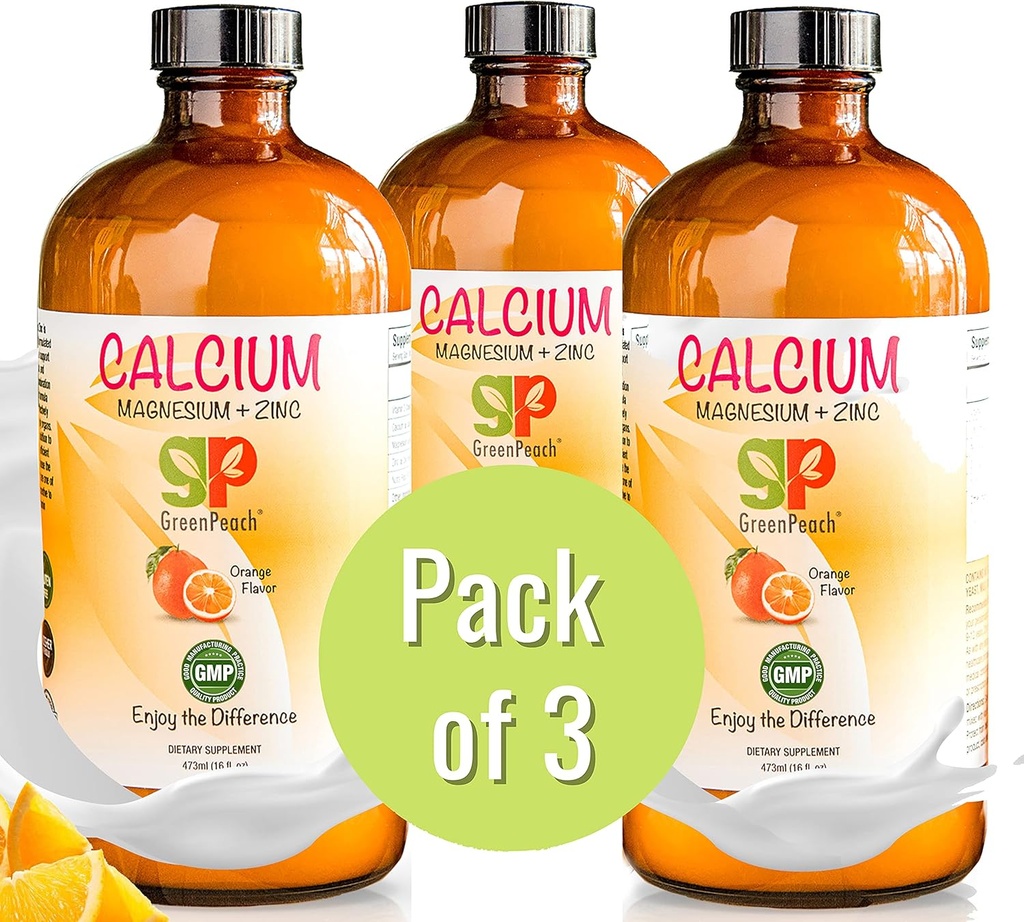 GreenPeach Liquid Calcium for Kids - Magnesium, D3 & Zink Supplement - Calcium citraat & vitamine D3 Kids Calming Syrup - Geen suiker Geen kunstmatige smaken - Vegetarische Kosjer (3-pack)