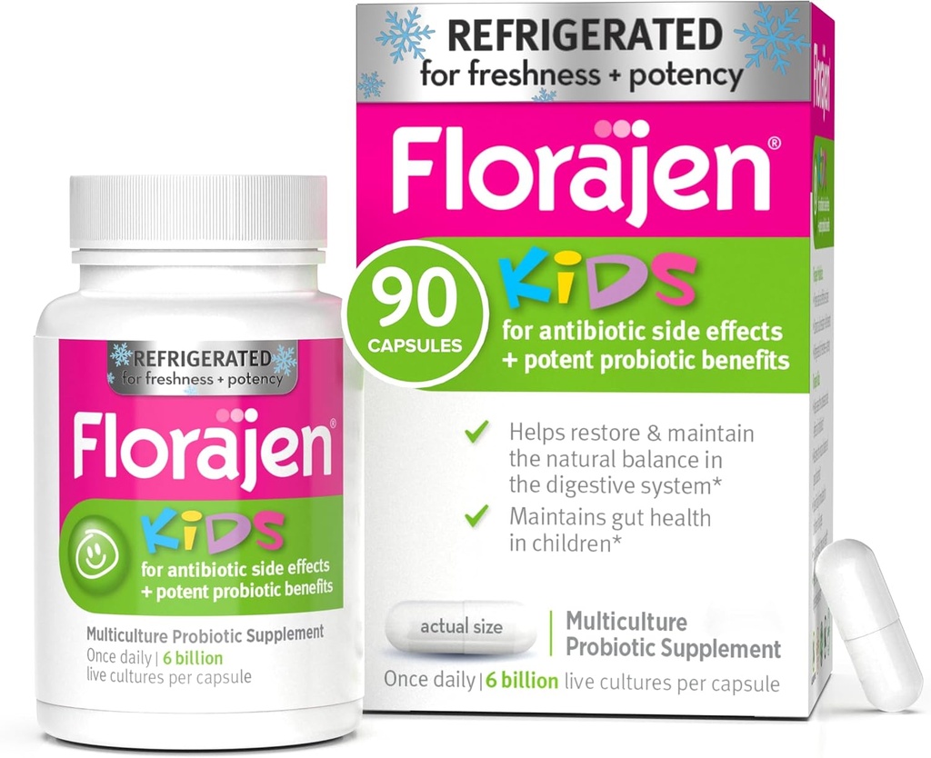 Florajen Kids Probiotic, 6 Billion CFUs, Refrigerated Probiotics for Kids, Multi Culture Probiotic Supplement, Relieves Occasional Gas, Bloating & Constipation, Supports Gut Health, 30 Ct (3 Pack)