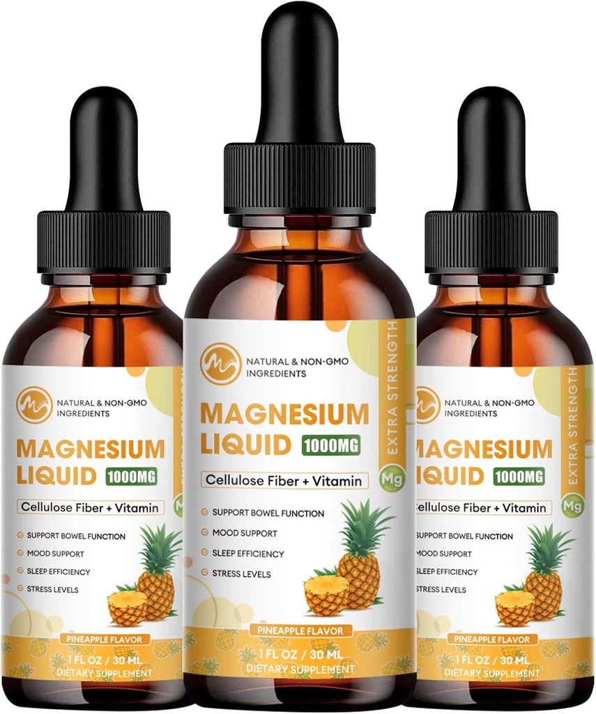 M inch (3 Pack) Magnesium Glycinate Drops - Magnesium Liquid Supplement 1000mg met Fiber Bromelain Vitamine B,C,D - 98% Absorptie dan Pillen Gummies