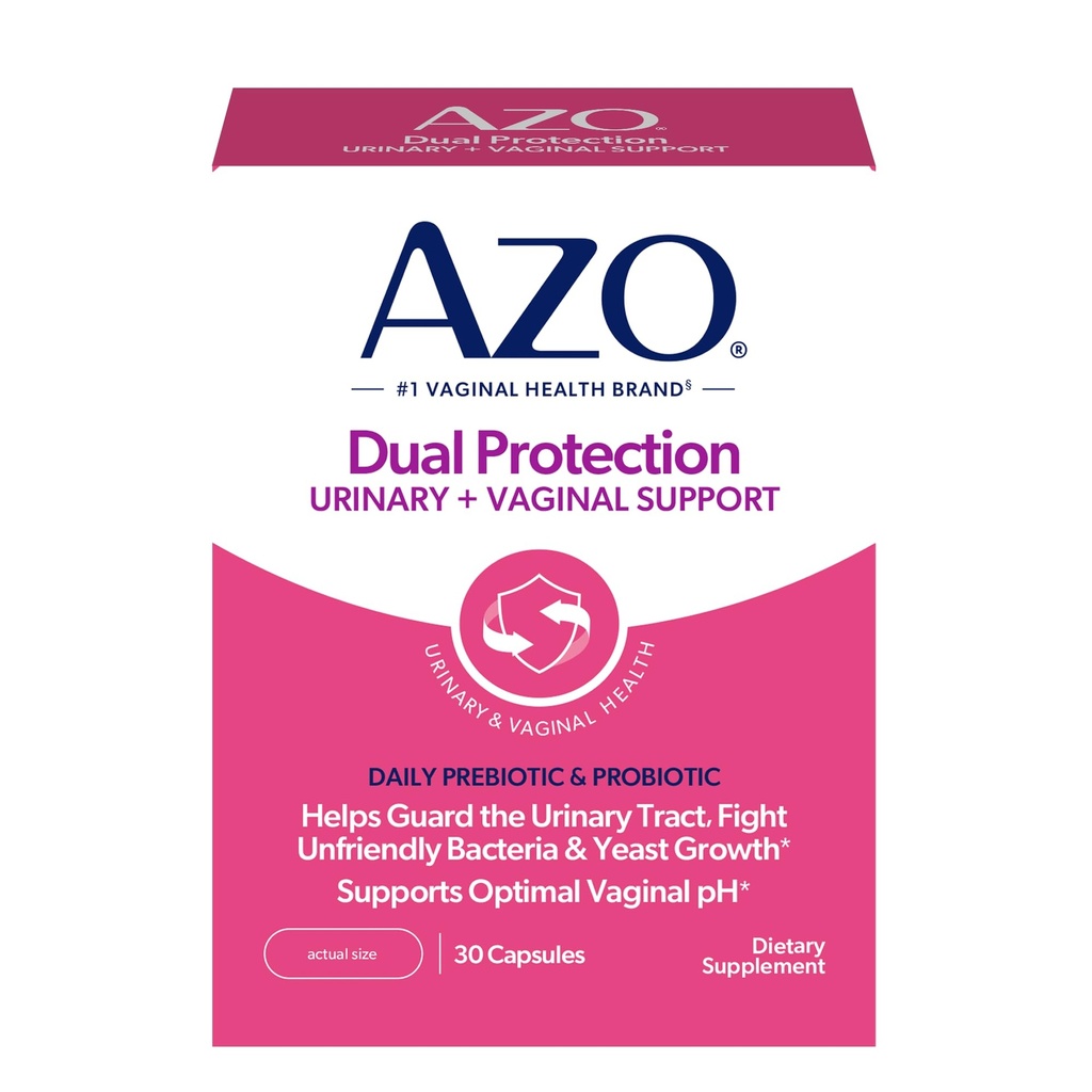 AZO Dual Protection, Urinaire + Vaginale Ondersteuning, Prebiotica en Probiotica voor vrouwen*, begint te werken binnen 24 uur, Non-GMO, 30 Tellen