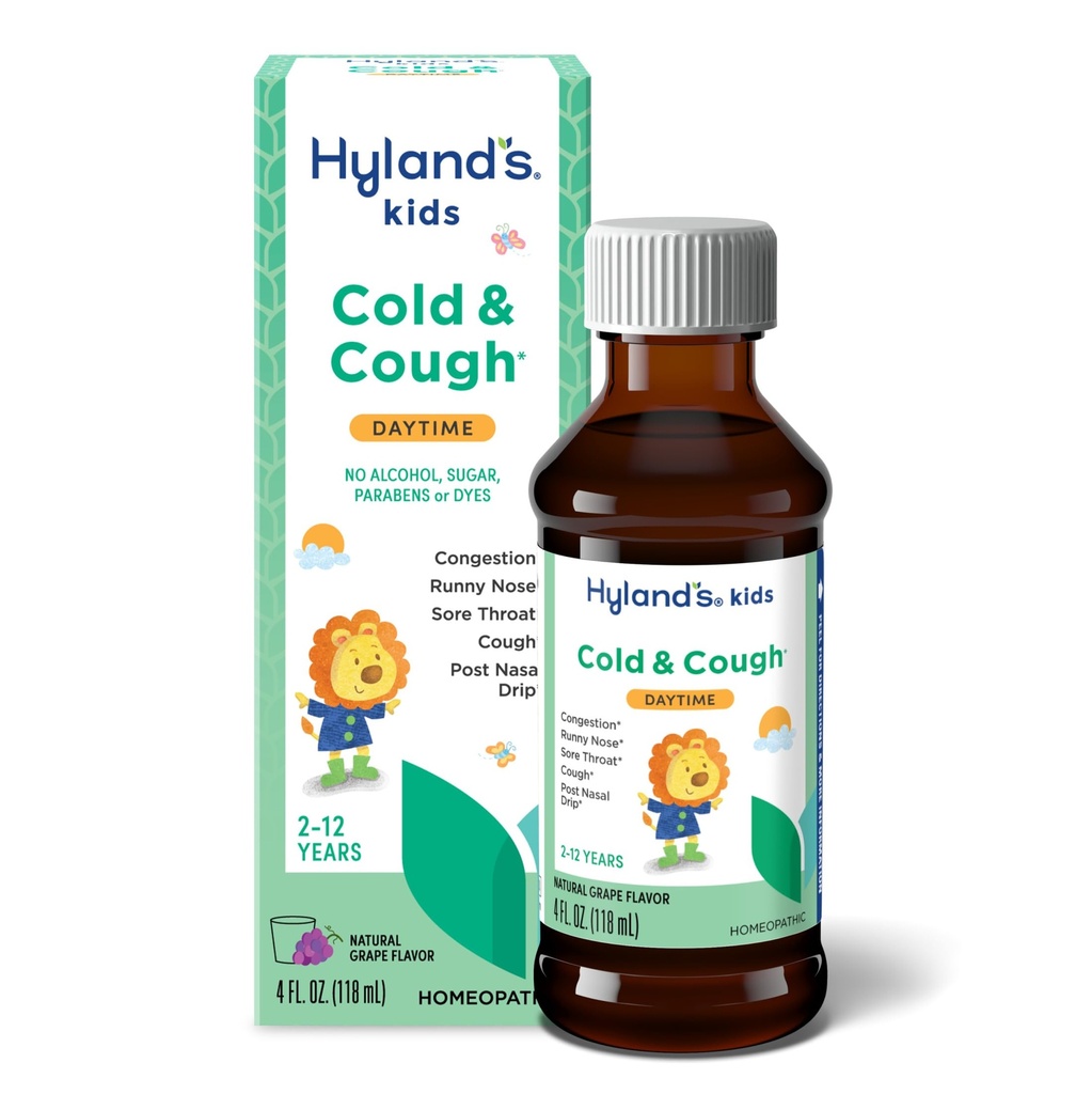 Hyland's Kids Cold and Cough, Daytime Grape Flavor Cough Syrup Medicine for Kids Ages 2 and up, Decongestant, Sore Throat Relief, Natural Treatment for Common Cold Symptoms, 4 Fl Oz