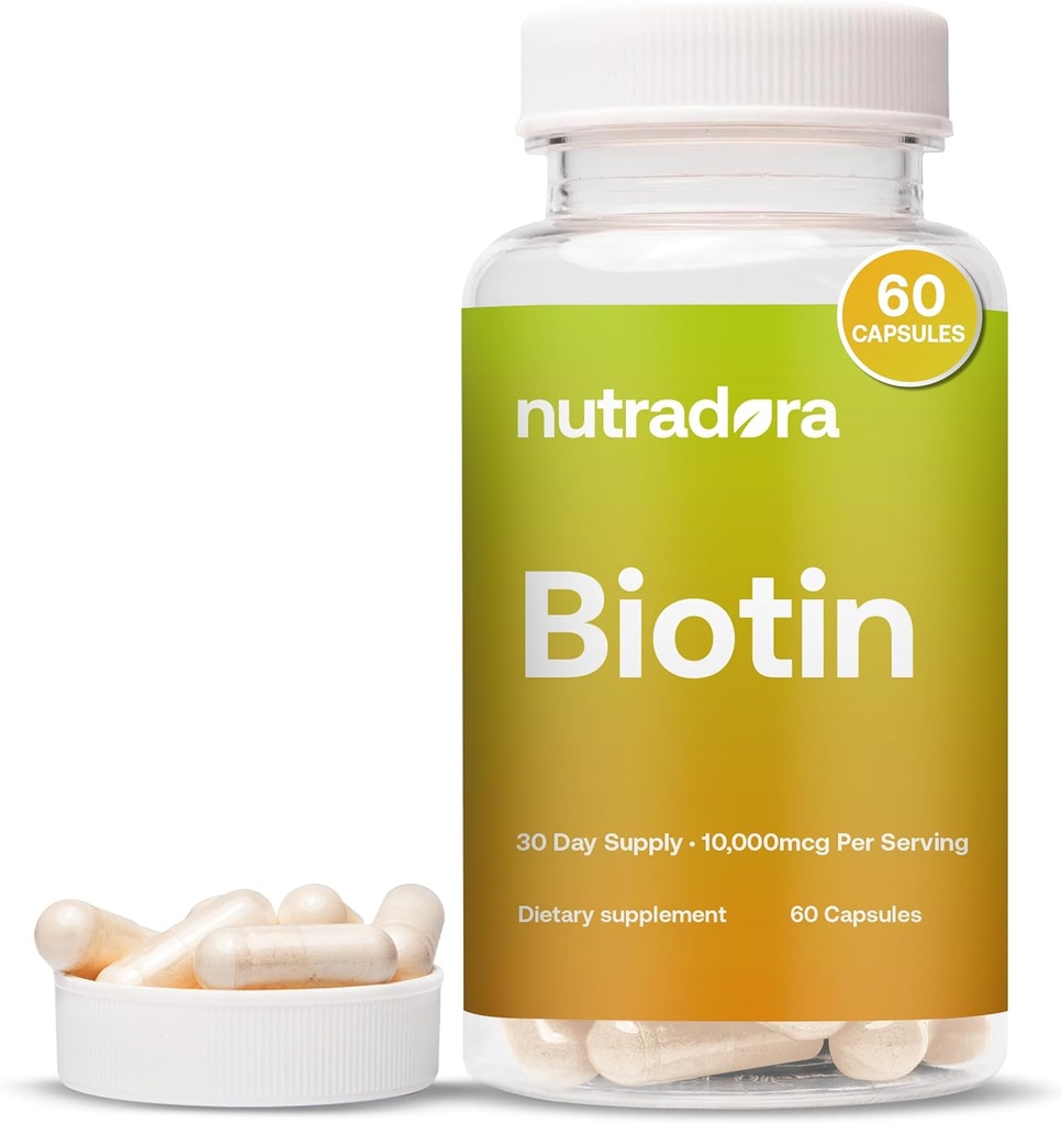 Biotin 10000mcg Capsules with Calcium for Hair Skin and Nails - Naturally Produced Biotin Supplement for Hair Growth and Thickness 10,000mcg Vegan Capsules – Formulated in USA 60 Count