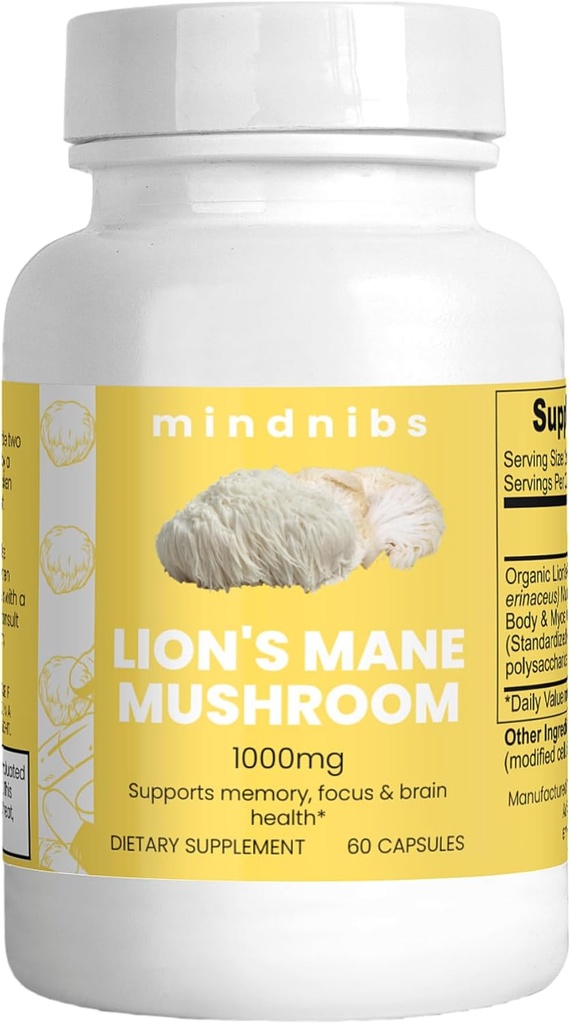 Biologische Lion's Mane Mushroom Capsules 1000mg - Cognitive Support, Neuroprotective Nootropics, 60 Vegan Caps