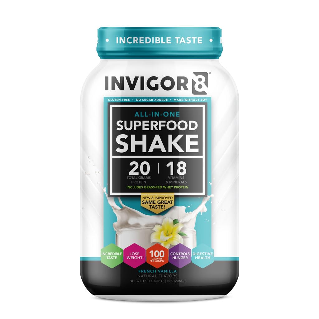 INVIGOR8 Superfood Gras Fed Wei Proteine Isolaat Shake Franse Vanille Glutenvrije en niet-GMO Maaltijd Vervanging met Probiotica en Omega 3 (483g)