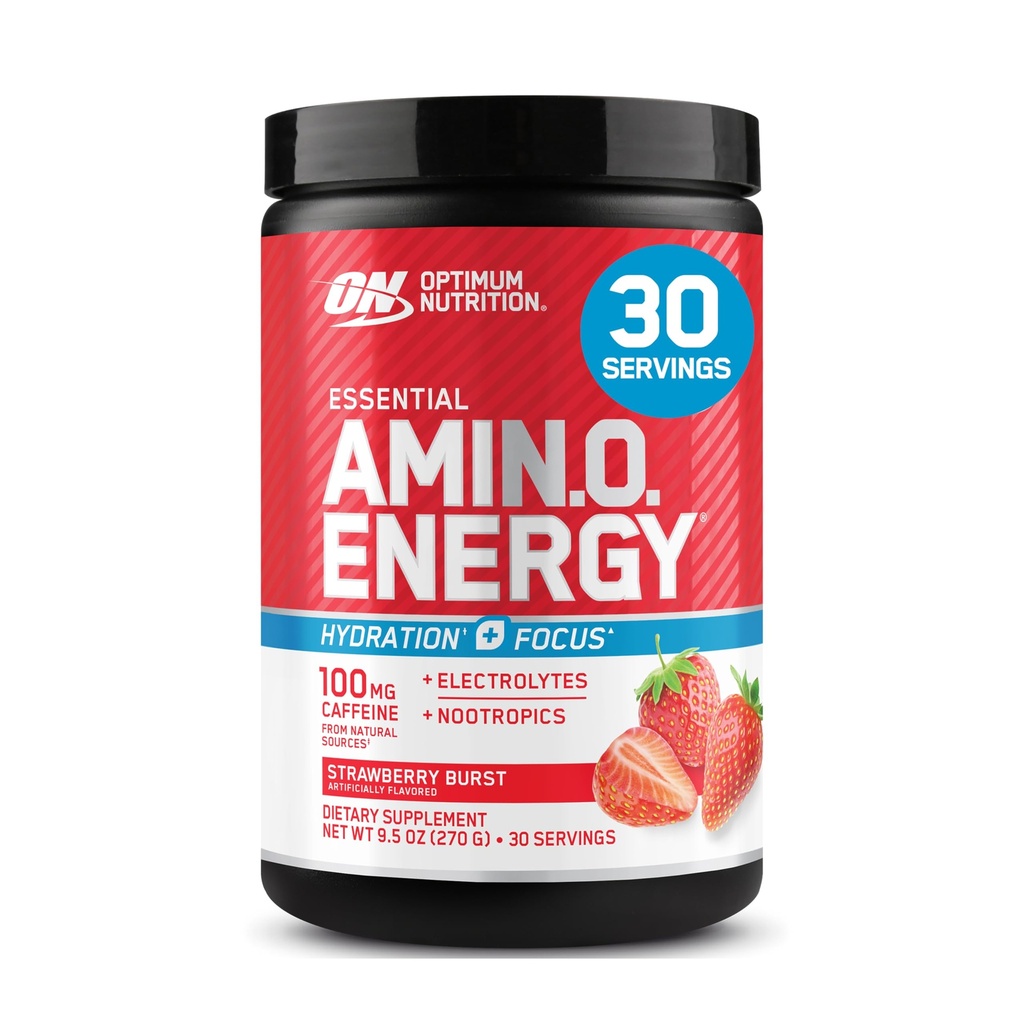 Optimale Voeding Amino Energy Powder Plus Focus, met BCAA, Elektrolyten en Cafeïne, Sappige Aardbei, 30 Servers (Verpakking mei Vary)