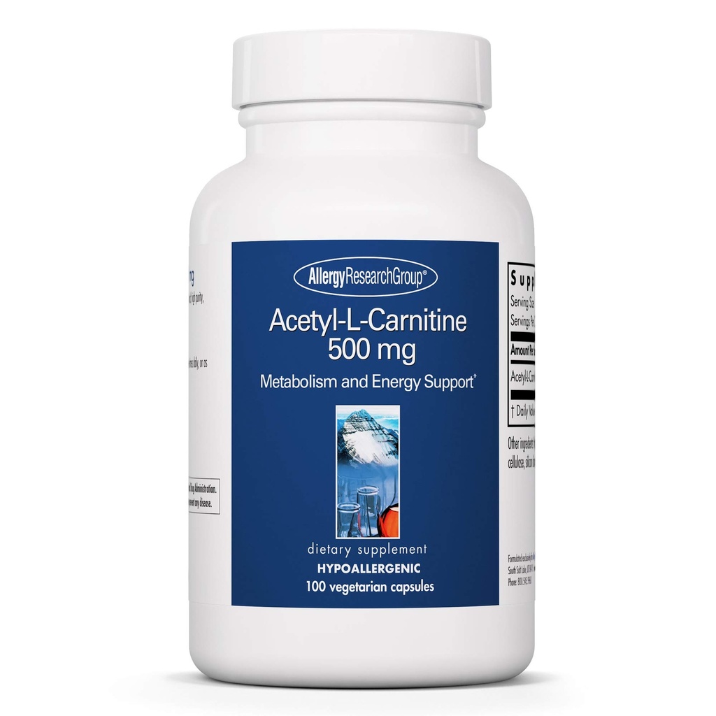 Allergy Research Group Acetyl-L-Carnitine 500mg Supplement - Metabolism and Energy Support, ALC, Free Form Amino Acid, Vegetarian Capsules - 100 Count