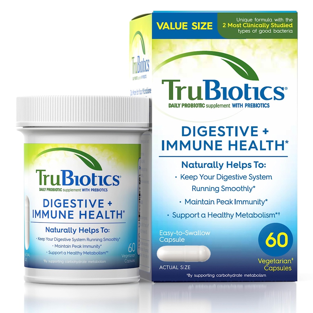 TruBiotics Probiotica voor spijsverterings- en immuungezondheid, ondersteunt regelmatigheid en helpt verlichten buikklachten, gas & opgeblazen, 2 klinisch bestudeerde probiotische strains, Plus Prebiotica, 60 capsules