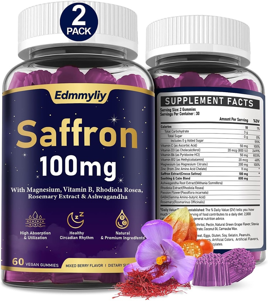 Saffraan Supplementen Gummies voor volwassene - Biologische Saffron Extract 100mg met Magnesium, Ashwagandha, Rhodiola Rosea, Rozemarijn en Vitaminen - Ondersteuning Positieve Mood & Focus - Suikervrij & Veganistisch