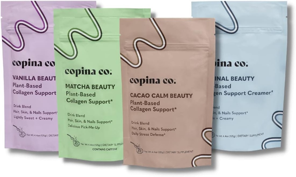 Copina Co. Vegan Collageen Booster Mix: Plant Based Collageen Support Smoothie Drink Vegan Blend Variëteitspakket 4 smaken Matcha, Vanille, Original en Cacao Calm 25 porties per 4.4oz zak