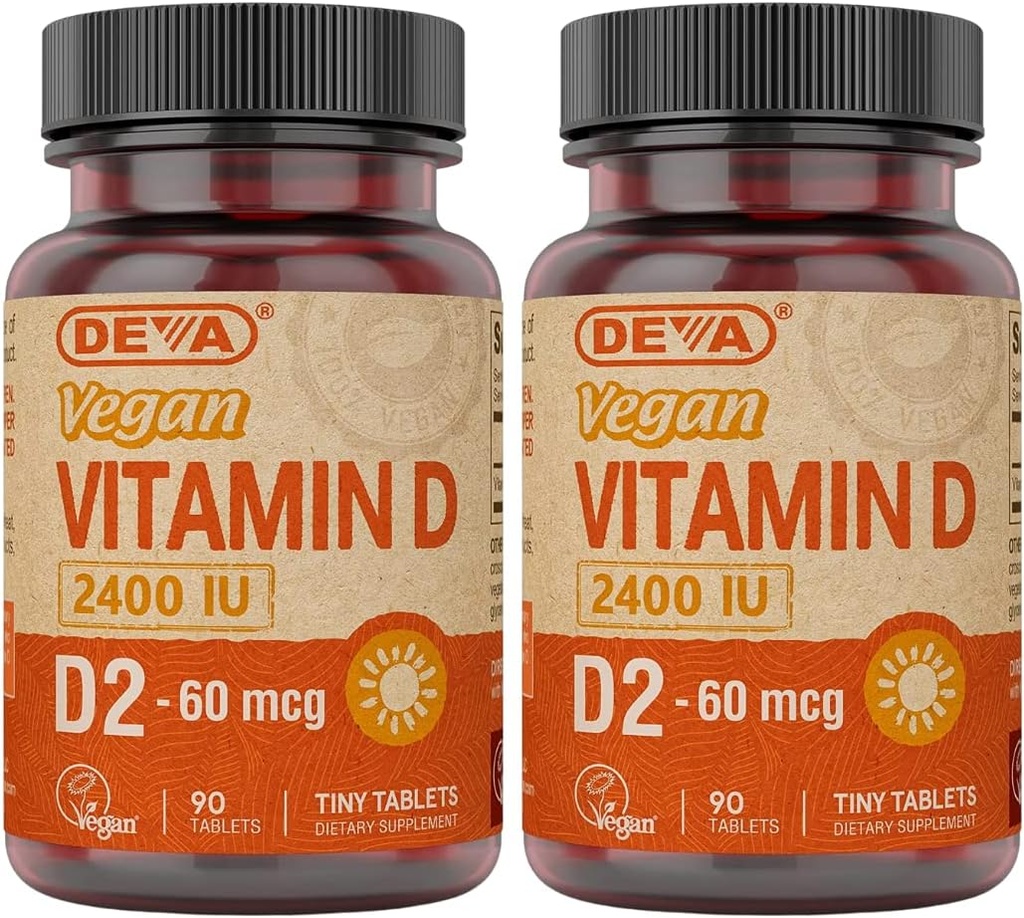 DEVA Vegan Vitamin D2 60 mcg 2400 IE, Ergocalciferol Supplement zonder dierlijke ingrediënten, 90 tabletten (verpakking van 2)