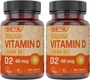 DEVA Vegan Vitamin D2 60 mcg 2400 IE, Ergocalciferol Supplement zonder dierlijke ingrediënten, 90 tabletten (verpakking van 2)