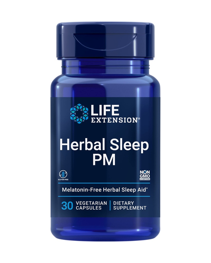 Life Extension Herbal Sleep PM, Lemon Balm, honokiol (Magnolia bast), kamille, bevordert gezonde slaap, Hormone-Free, melatonine-Free, Glutenvrij, Non-GMO, Vegetarisch, 30 Capsules