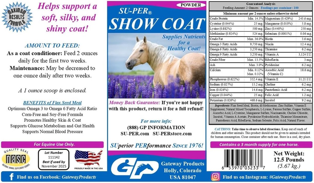 SU-PER Show jas supplement voor paarden - Ondersteunt zachte, zijdeachtige en glanzende jas - snellere Mane en staart groei - Aminozuren, B-complex vitamines en mineralen - 12,5 pond, 3 maanden levering