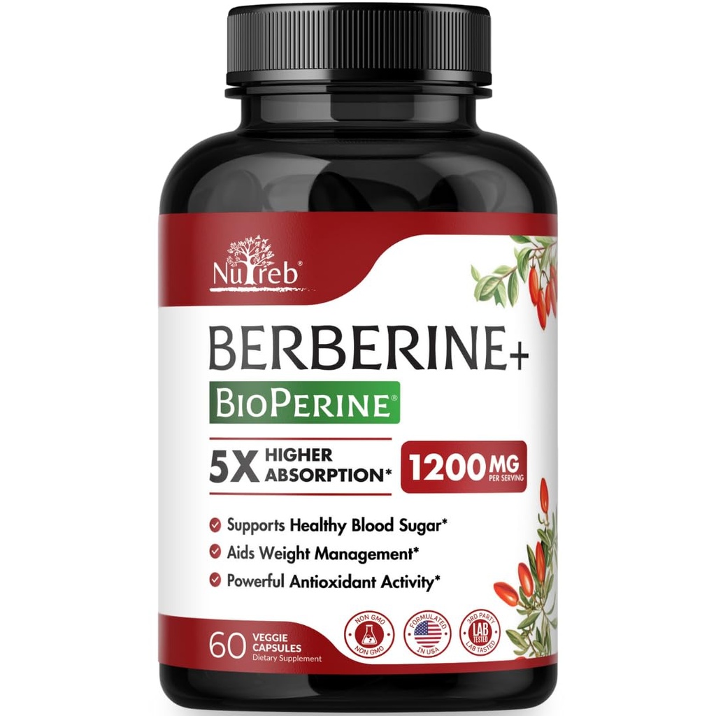 Berberine Supplement 1200mg - 5X Hogere Absorptie - Ultra Pure 98% Berberine HCL - Gezond gewicht management, Immune Support - Niet GGO, geproduceerd in de VS - 60 Vegan Capsules