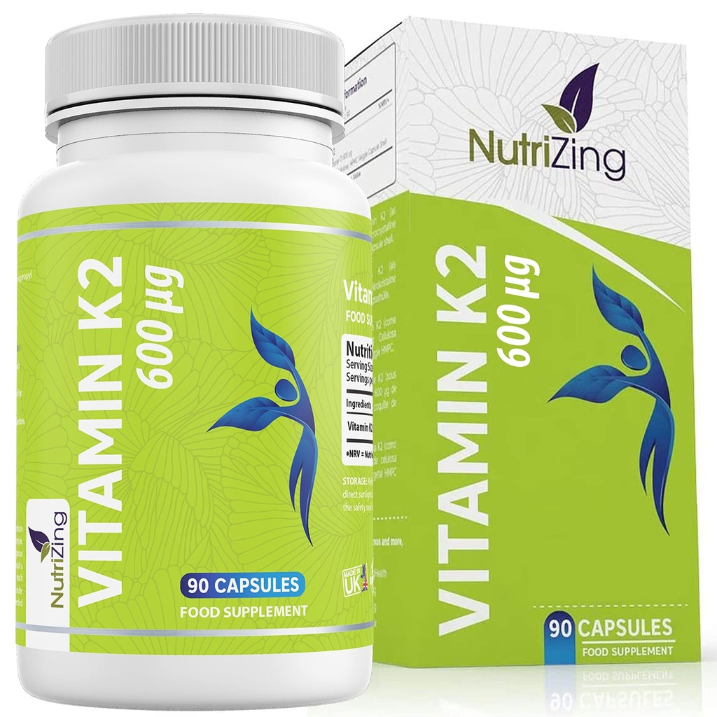 Nutrizing K2 Vitamine Supplement MK-7 - Hoge sterkte 600mcg - Ondersteunt bot en arteriële gezondheid - 90 Vegan Capsules - Vitamine K2 voor mannen en vrouwen - 3 maanden levering