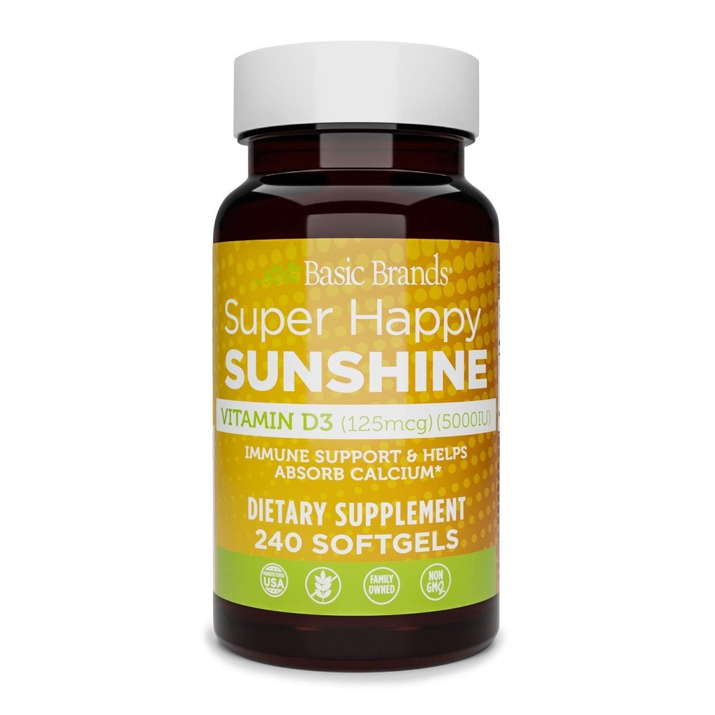Basismerken Super Happy Sunshine Vitamine D3 5000IU, 240-telling (verpakking van 1)