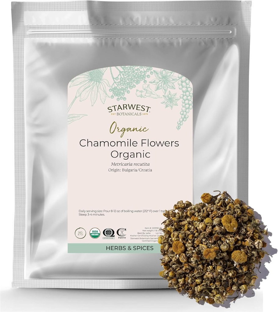 Starwest Botanicals Biologische Kamille Bloemen Gehele - Gedroogde Loose Leaf Herb voor thee, kruidenlotions, & Bakken, Bron Kroatië & Bulgarije, Gecertificeerde Koosjer, Niet-GMO - Bulk 1 lb Bag