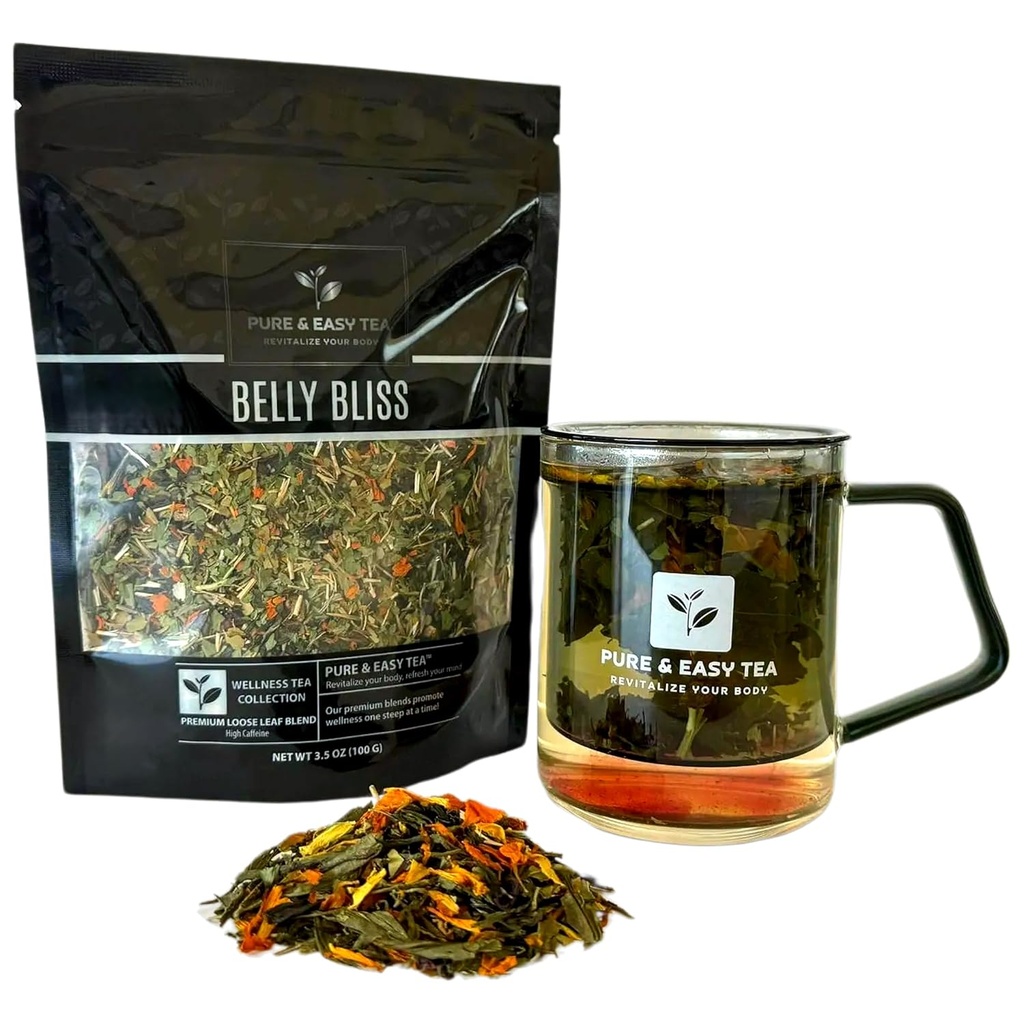 Pure en gemakkelijke thee, Belly Bliss, Natural Detox & Bloating Relief Thee, 100% Natural Loose Leaf Slimming Blend with Yerba Mate, Dandelion Leaf, Cafeinated, 30-Day Supply, 100g