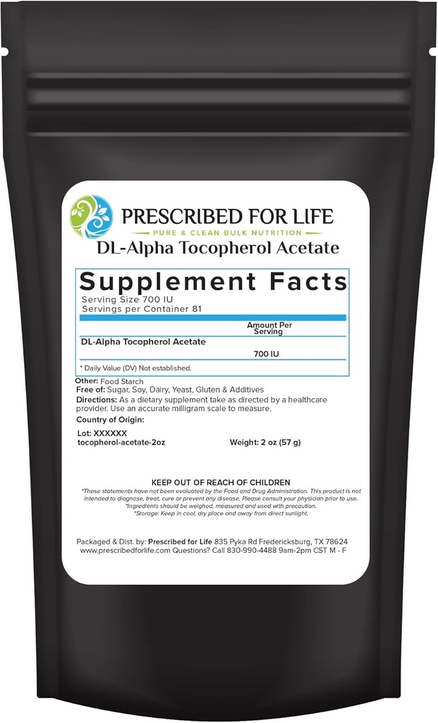 Prescribed For Life Tocopherol Acetate Powder, Water Soluble Alpha Vitamin E, 700 IU gm Powder, Vegan, Gluten Free, Non GMO (2oz / 56g)