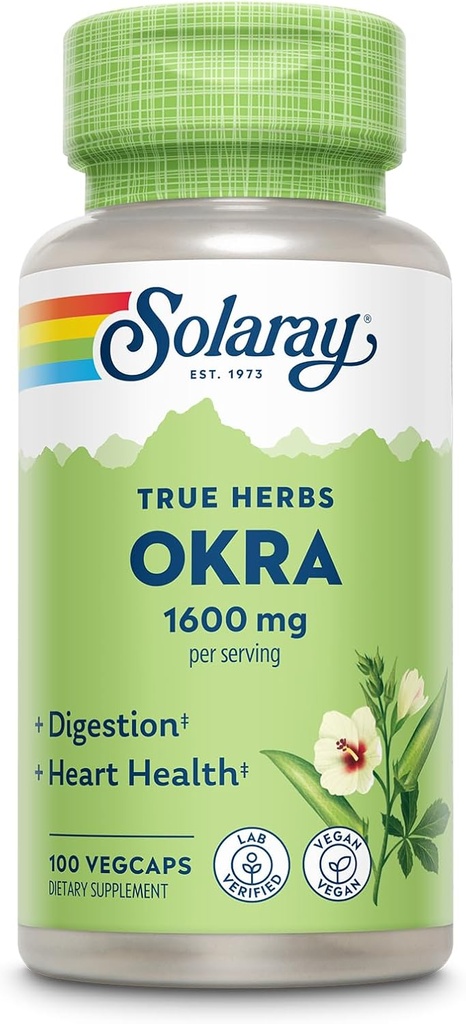 SOLARAY Okra Fruit 1600 mg - High Fiber Supplement for Wellness Support - Rich Source of Soluble Fiber - Equivalent of 6.4 g Fresh Okra per Serving, Vegan, 60-Day Guarantee - 25 Servings, 100 VegCaps