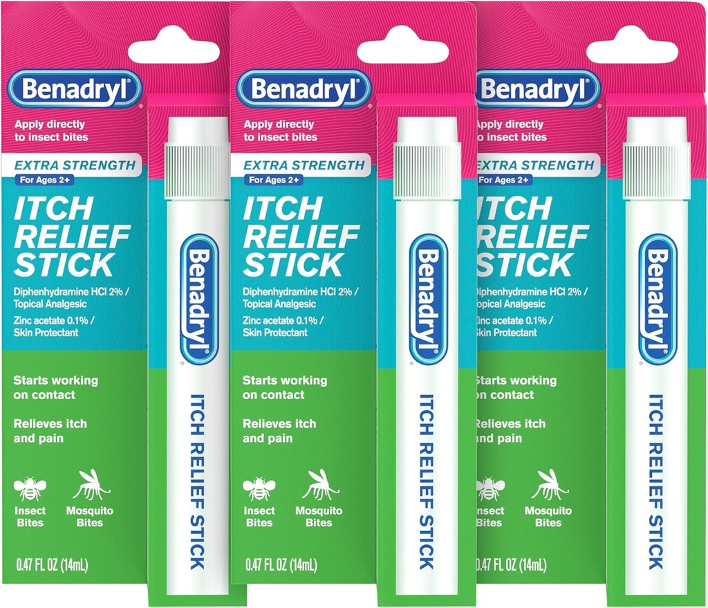 Benadryl Extra sterkte Anti-Itch Relief Stick, Bug Bite Itch Relief, Diphenhydramine HCl Topical Analgesic & Zinkacetaat huidbeschermer, Geweldig voor Camping Essentials, 0,47 fl oz (Pack of 3)