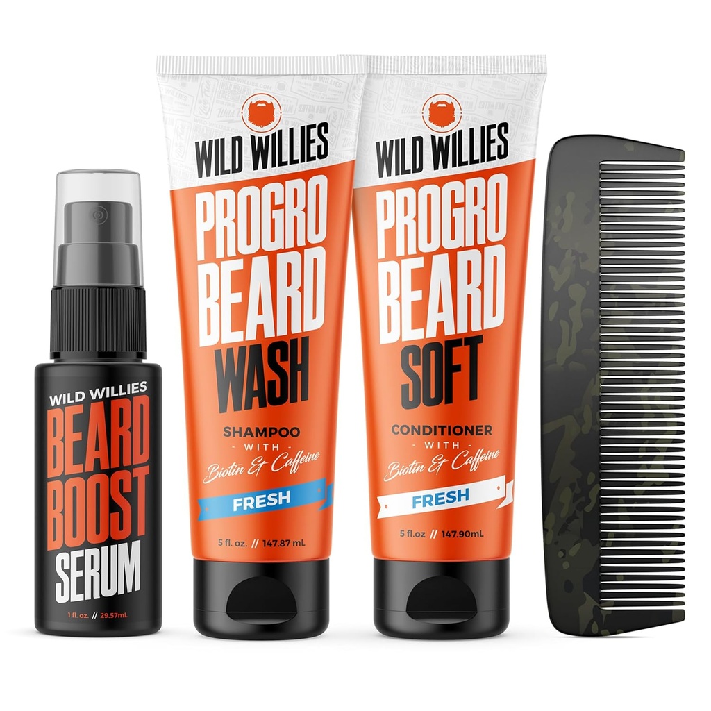 Wild Willies Beard Care Kit, Biotin Fortified Shampoo and Conditioner with Caffeine, Two 4-Oz Bottles, Promotes Healthy Beard Growth
