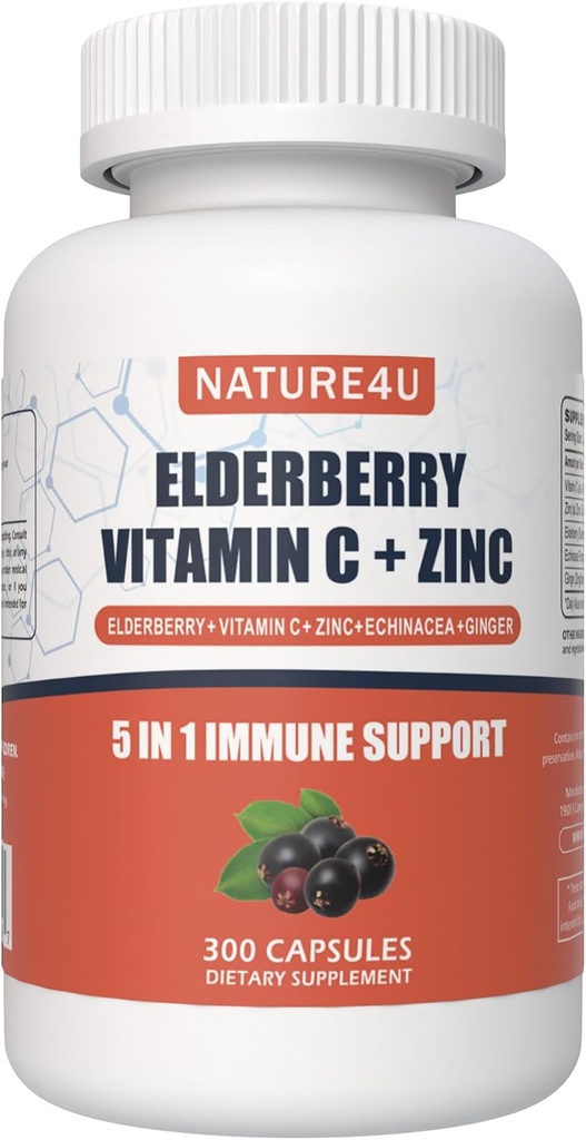 5 in 1 Vlierbessen Immune Support Supplement, Dagelijkse Immune Boosters voor Volwassenen Antioxidanten Supplement, Vlierbessen 1000 mg, Vitamine C, Zink, Echinacea, Gember, 300 Vegan Capsules - 5 maand