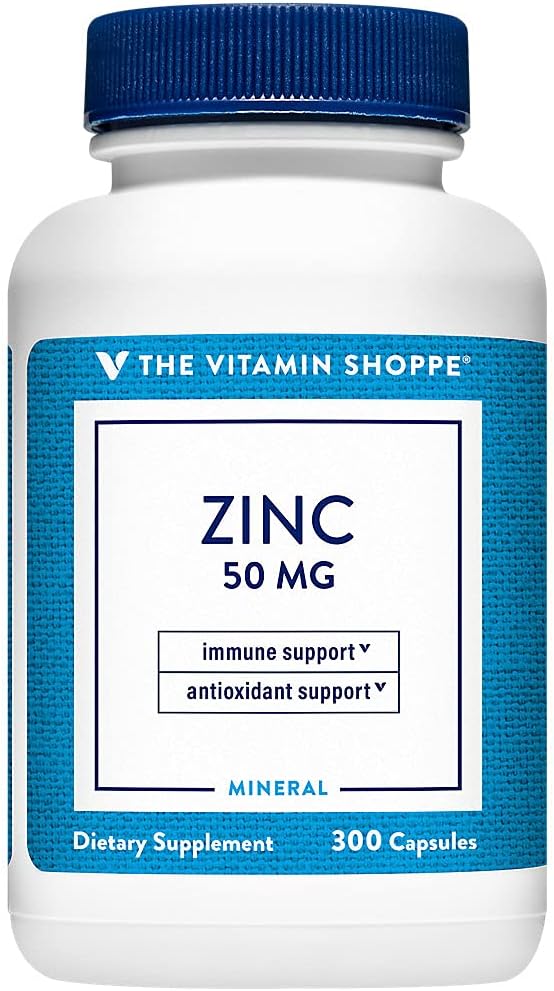 Zink 50mg Ondersteunt Gezonde Immune Functie Ooggezondheid, Zeer Absorbeerbare, Antioxidant Supplement Dagelijks Serveren, Gluten Dairy Free (300 Capsules) door De Vitamine Shoppe