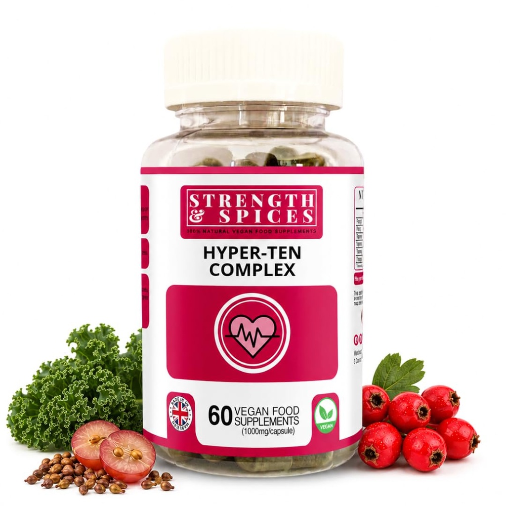 Strength & Spices Hypertensupport 100% Natural Supplement for Immune System & Heart Health 15 Ingrediënten w Hawthorn Berry, Grape Seeds & Berrys - 60 Vegan UK Made 1000mg Capsules