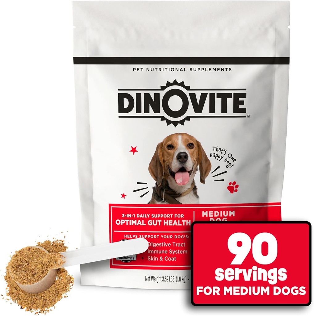 Dinovite 3 in 1 Probiotica voor middelgrote honden, huid en jas, digestieve gezondheid & Joint Relief, hondenvoeding toppers, Immune Support, Allergie Relief & Itch Relief Skin Care, 90 porties (18-45lb)