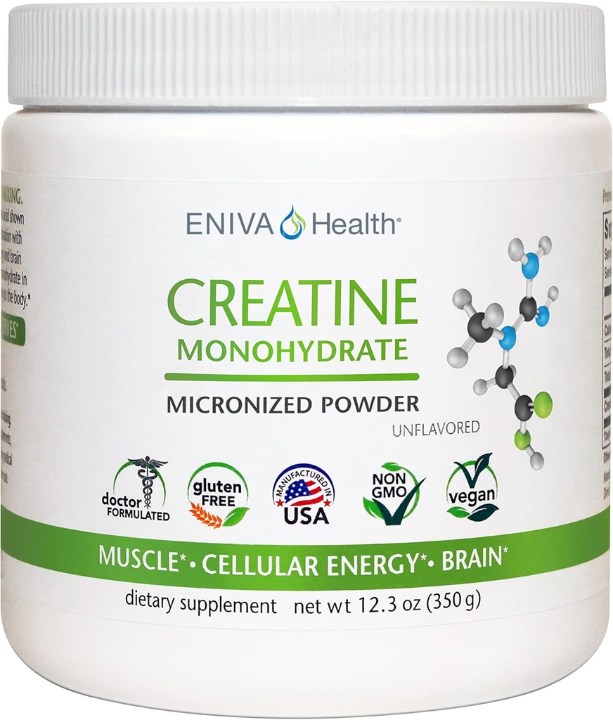 Eniva Health Creatine Monohydraat Poeder, Aminozuur, Gemicroniseerd Poeder, 70 Servaties 5 G 12,3 oz, Spierondersteuning, Spiergroei, Cellulaire Energie, Cognitieve Focus, Ultra-Pure, Farmaceutische Grade