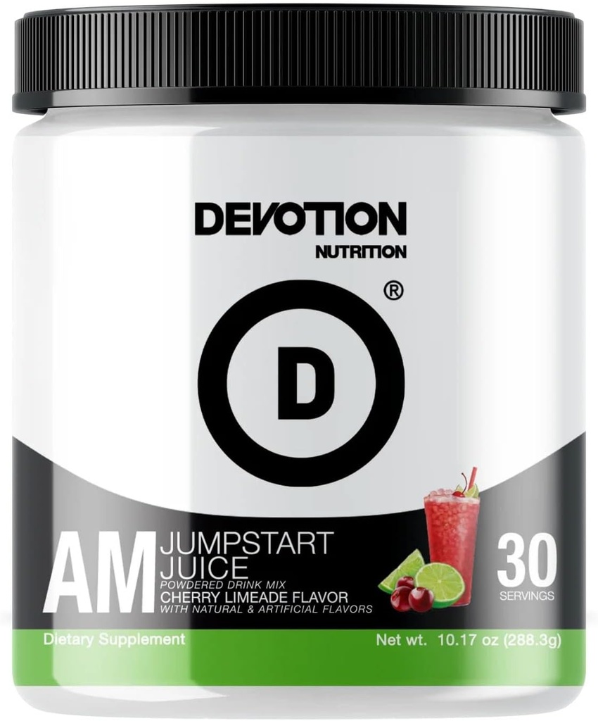 Devotion Nutrition AM JumpStart Juice | Powdered Drink Mix Supplement | Essential Aminos & Nootropics for Cognitive Function & Focus | 30 Servings (Cherry Limeade)