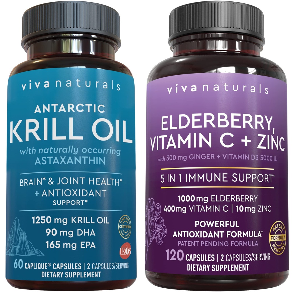 Viva Naturals Antarctische Krillolie en vlierbessen, vitamine C, zink en vitamine D3 5000 IE Bundel, 1250 mg Krillolie Het verstrekken van Omega 3 EPA en DHA voor Joint Health, Vlierbessen voor Immune Ondersteuning