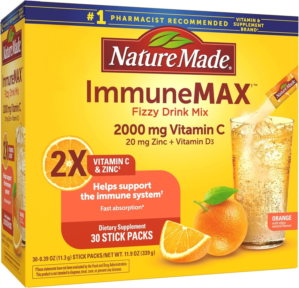 Nature Made ImmuneMAX Fizzy Drink Mix, met vitamine C, vitamine D en zinksupplement voor Immune Ondersteuning, snelle Absorptie, 30 Stick Packs, 0,4 Ounce