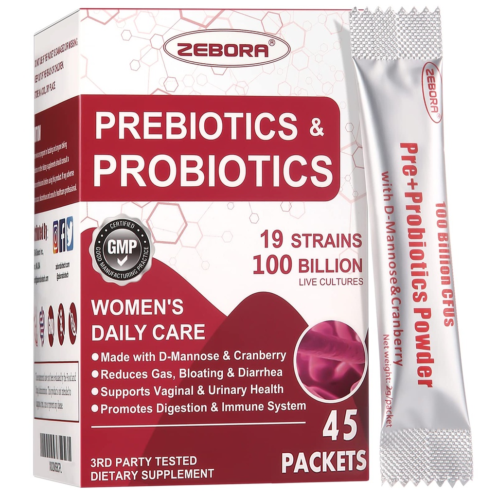 ZEBORA Probiotica-voor-Vrouwen 100 miljard-CFU's met Prebiotica, D-Mannose & Cranberry voor Digestieve, Immune, Vrouwelijke UT Health Support, Ultimate Probiotic Women's Care, Soy & Gluten Free, 45 Packets