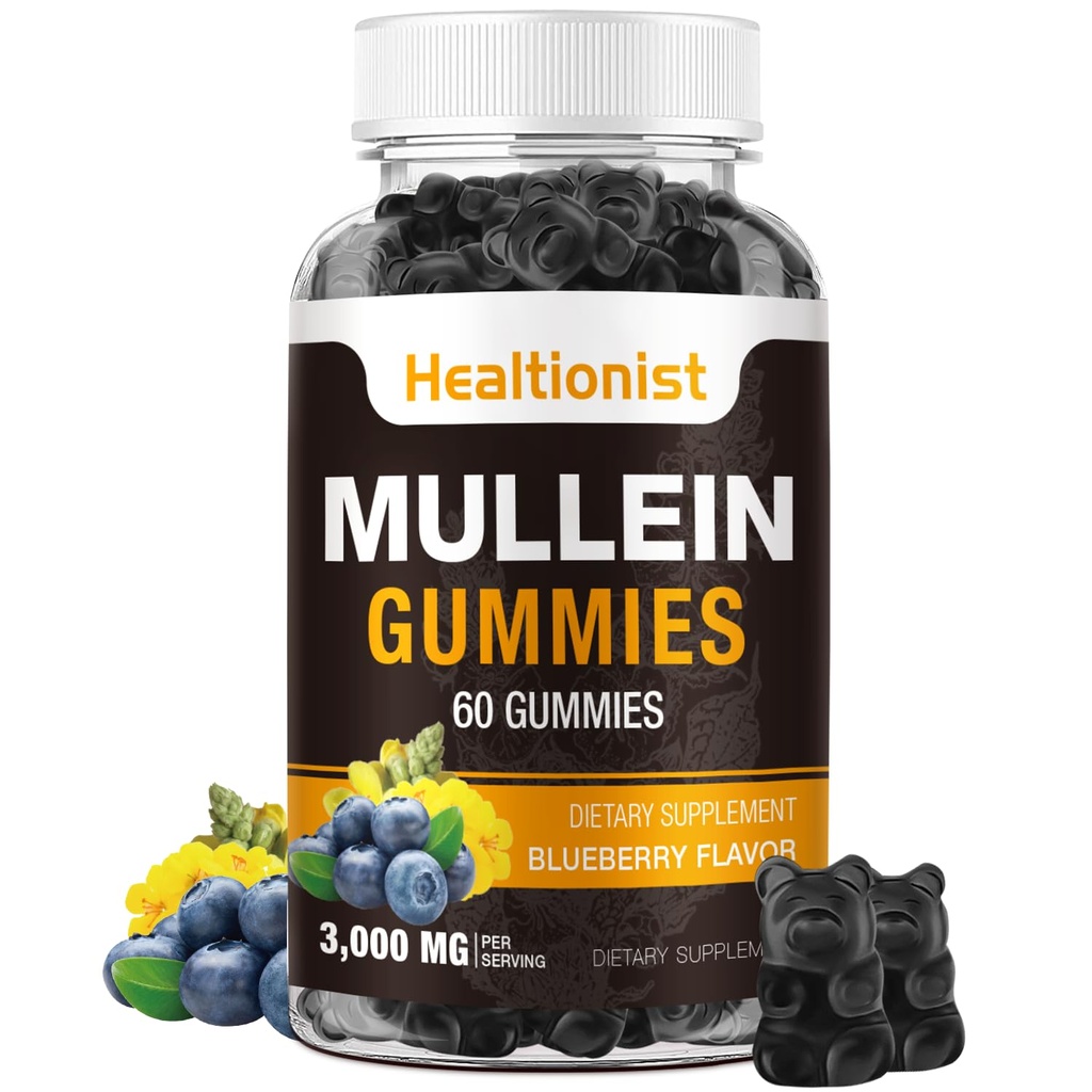 1 Pack Sugar Free Mullein Gummies - Lung Cleanse, 3000MG Mullein Supplement voor Ademhalingsstelsel, Biologische Mullein Drops Gummy met Quercetin & Bromelain voor Lung, Digestieve Gezondheid & Immune 90Ct