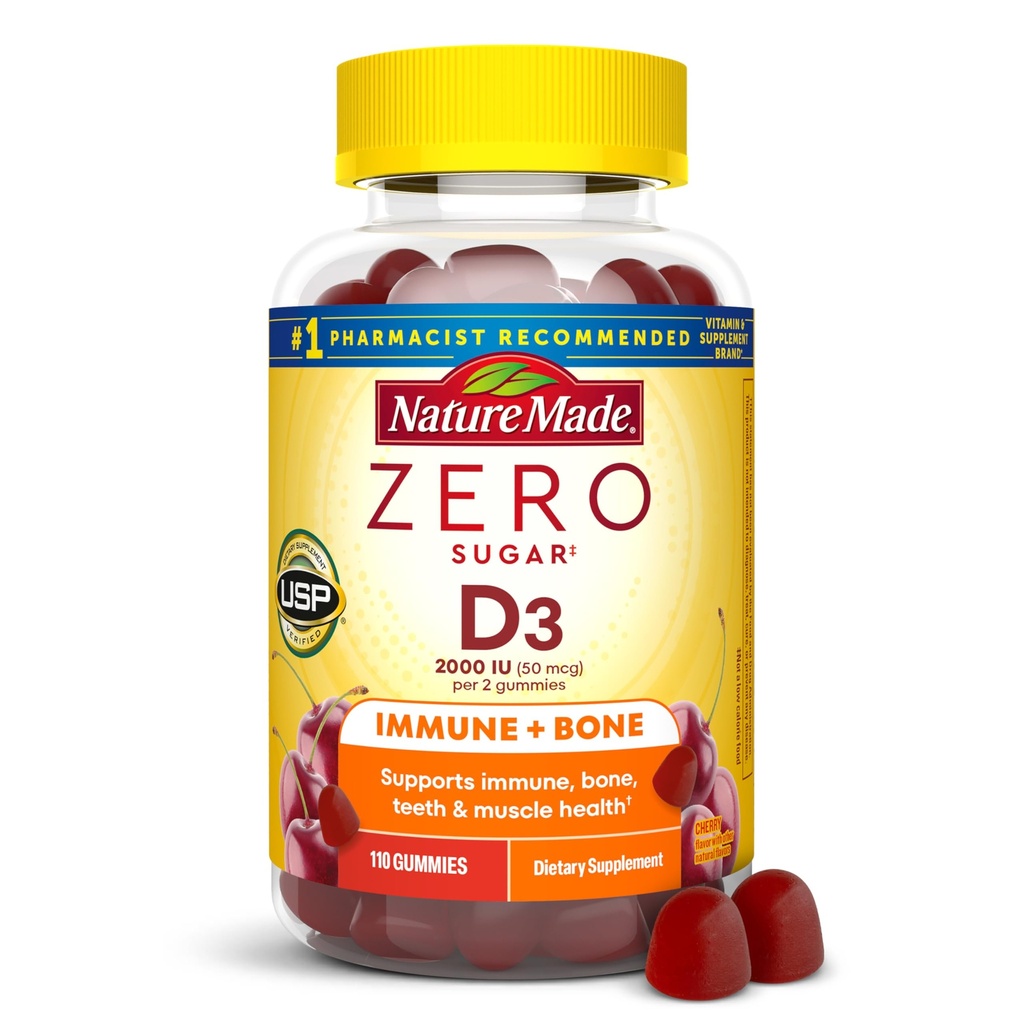 Nature Made Zero Sugar Vitamin D3 Gummies 2000 IE (50 mcg) Per portie, Bone & Immune Support, Aspartame Free, 110 Vitamine D Gummies, 55 Day Supply