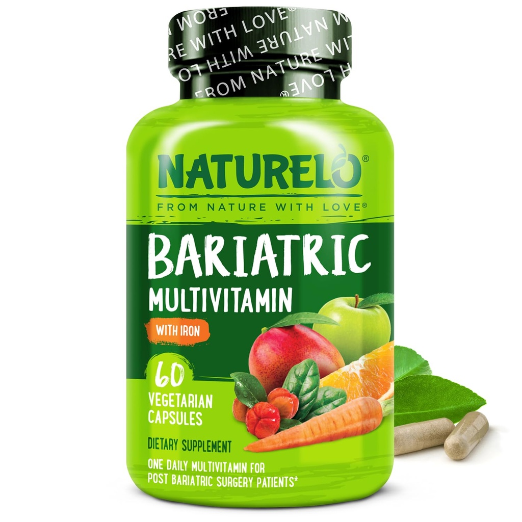 NATURELO Bariatrische Multivitamine - Een Dagelijkse met ijzer - Supplement voor Post Gastric Bypass Chirurgie Patiënten - Natuurlijke Whole Food Nutrition - 60 Veggie Capsules