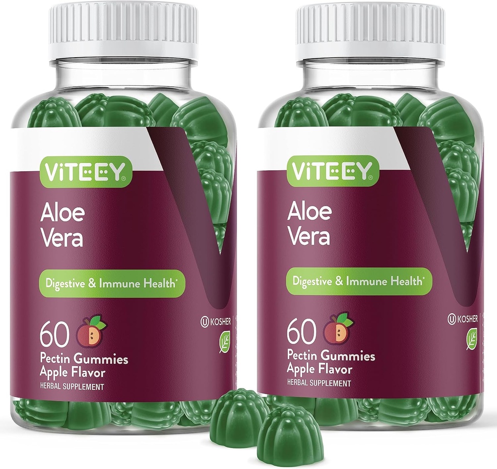Viteey Aloë Vera Gummies voor volwassenen - 50mg - Aids in spijsvertering en immuungezondheid - Aloë Vera supplement - Veganistisch, Gelatinevrij, Glutenvrij, GGO-vrij, smakelijk Kauwbare Raspberry Flavored Gummy