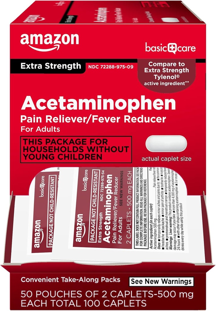 Basic Care - Extra sterkte Acetaminophen Caplet 500 mg, 100 Tel (50 zakken met 2 caplets)