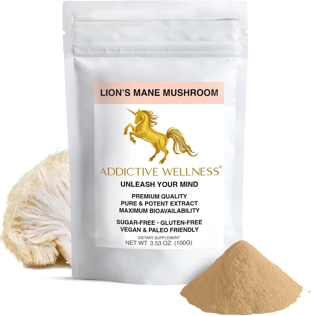 Addictive Wellness Lions Mane Supplement Powder, Premium Quality Lions Mane Mushroom Powder Dual-Extract Nootropic, Sugar Free, Vegan & Paleo Lion's Mane Mushroom Supplement - 1500 mg (100 Gram)