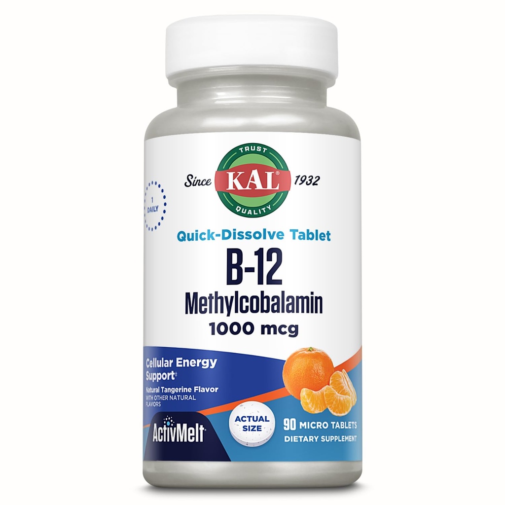 KAL Vitamine B12 Methylcobalamine 1000mcg, gezonde energie, Metabolisme, zenuw- en rodebloedcelondersteuning,* Fast Solution ActivMelt, optimale absorptie, natuurlijke Tangerine smaak, 90 porties, 90 microtabbladen