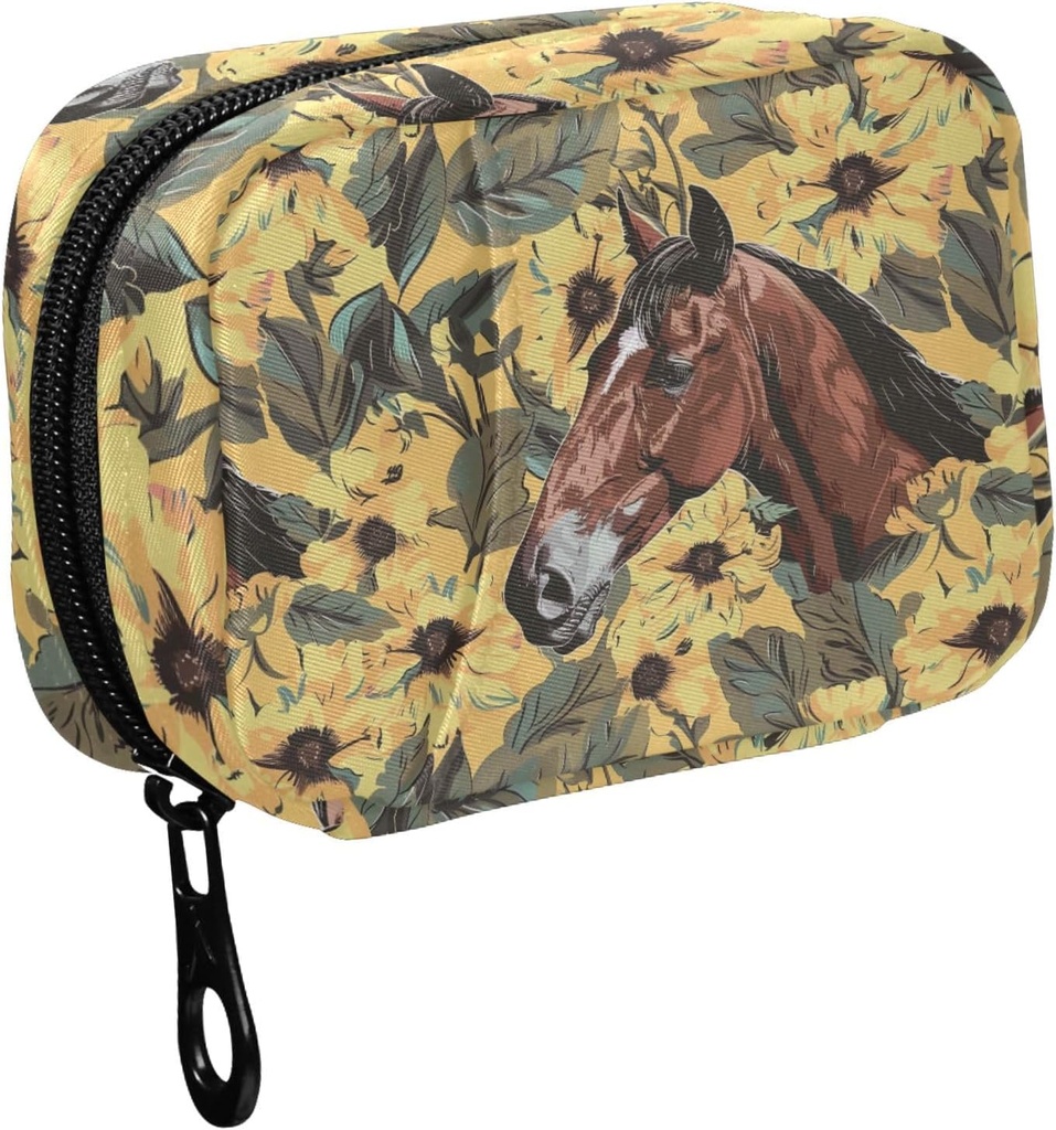 Fustyad hand trekken paard en gele bloem bladeren pil Organisator voor tas, Wekelijkse draagbare pil Box met rits naar opslag Vitaminen Visolie Medicijnen Supplementen