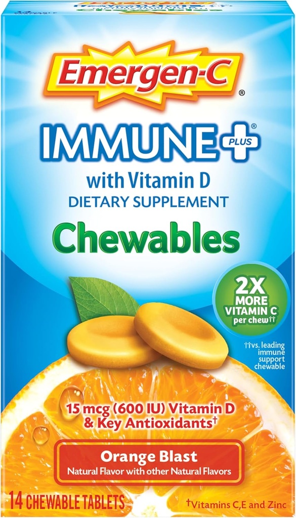 Emergen-C Immune+ Kauwtabletten 1000mg Vitamine C Tablet, met Vitamine D, Immune Ondersteuning Dieetsupplement voor Immuniteit, Oranje Blast smaak - 14 Tellen