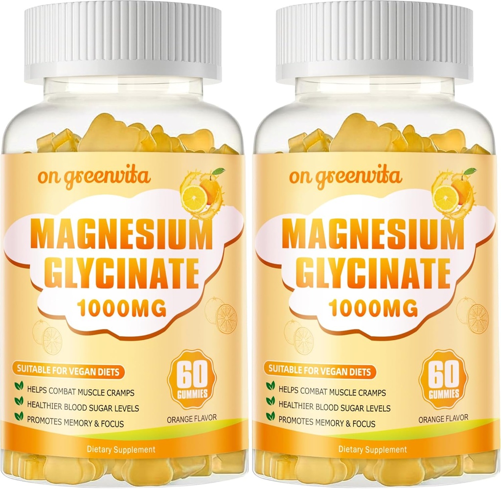 Magnesium Glycinate Gummies 1000mg - Suikervrij Magnesium Kalium Supplement met Vitamine D, B6, CoQ10 voor Kalm Mood & Slaap Ondersteuning - 120 Oranje Gummies 2 Pack