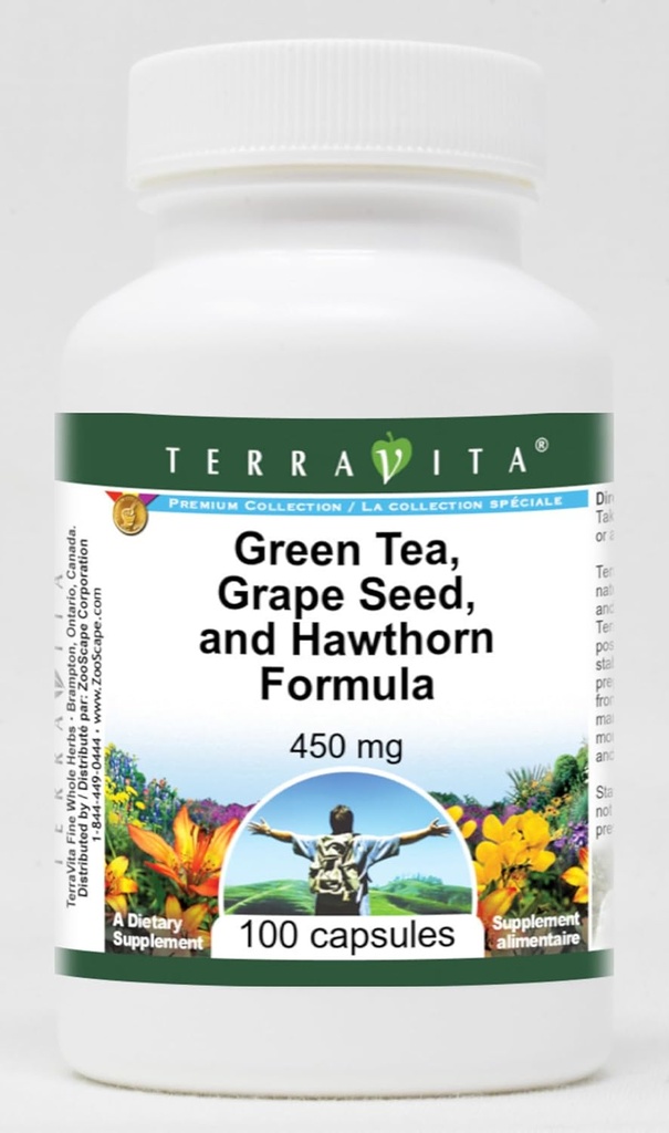 Hoge bloeddruk ondersteuning - groene thee, druivenzaad en hawthorn - 450 mg (100 capsules, ZIN: 517080) - 3 verpakkingen