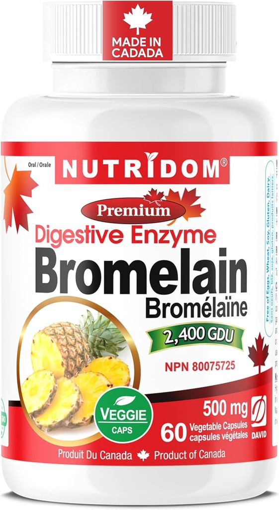 Nutridom Bromelain Digestief Enzyme Ananas Supplementen, 2400 GDU, 500mg, Non-GMO, Veganistisch, vrij van Gluten, soja en zuivel (60 Tel.)