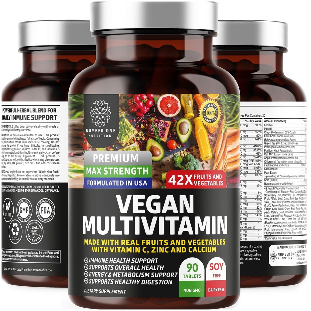 N1N Premium Plant Based Multivitamin [42 Powerful Ingredients] Men & Women Daily Multivitamins with Raw Veggies and Fruits, Probiotics, Alfalfa, Echinacea, Spirulina and Digestive Enzymes, 90 Tablets