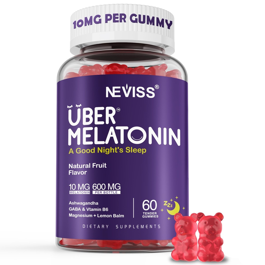 Melatonine Gummies 10mg 20mg voor volwassenen, Melatonine 10 mg per Gummy met Ashwagandha, Magnesium Glycinate, GABA, L-theanine, Valeriaanwortel en citroenbalsem, Rest Support Supplement, Druivensmaak, 60 Ct